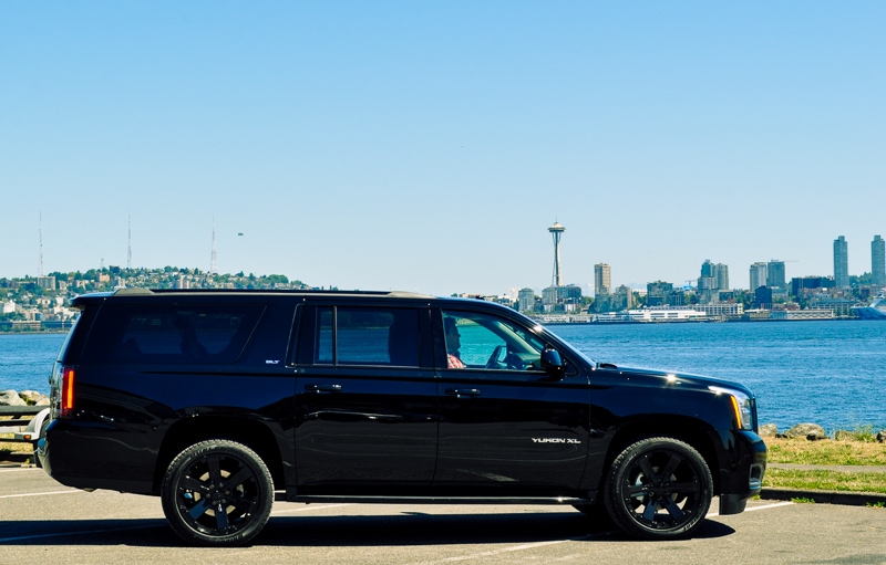 2019 GMC Yukon SLT XL - Seattle Skyline Background - Alki Beach