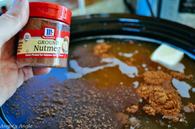 Adding in the McCormick® spices for the hot cranberry punch - pictured is the McCormick® Ground Nutmeg